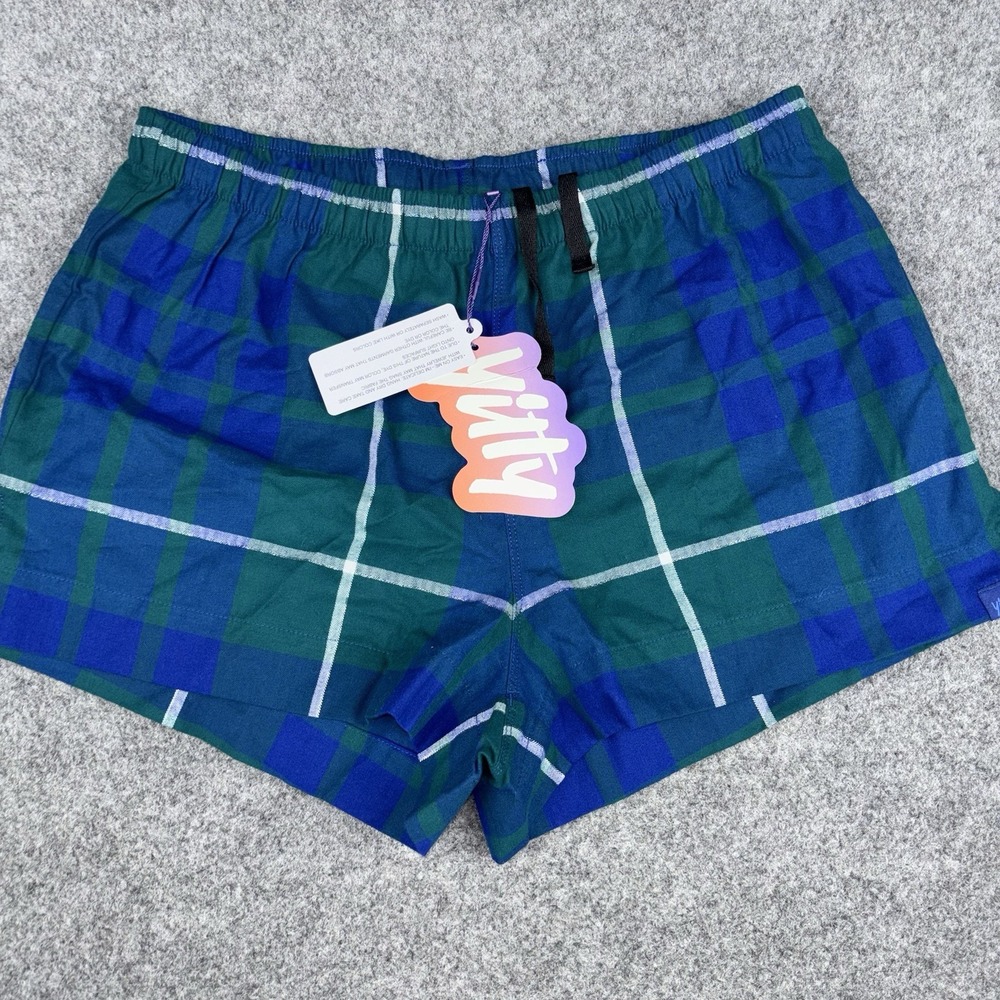 Yitty Boxer Shorts Womens Small Blue Green Plaid Cotton Lounge Pajama Sleep NWT